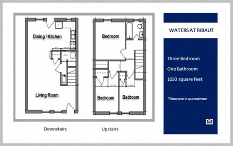 Floor plan for 3 beds, 1 bath, 1030 sqft
